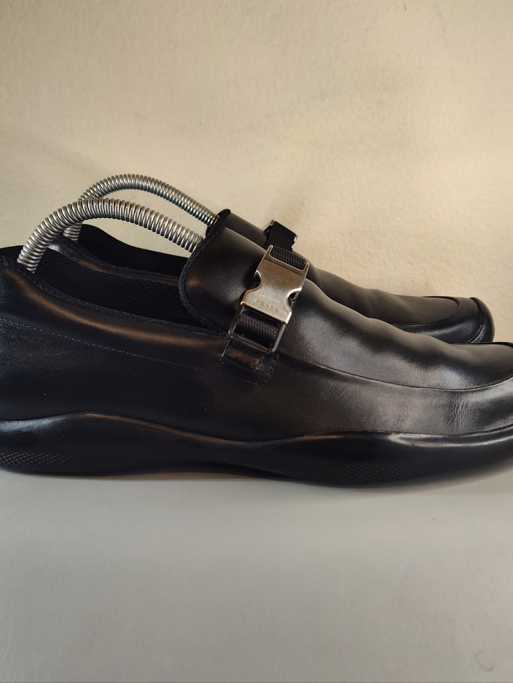 Prada Black Leather Slip-On Loafers with Silver Buckle Sz 9 - Picture 4 of 10
